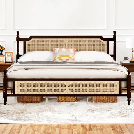 Pine Wood Bed Frame with Rattan Headboard, King Size - Modern Farmhouse Platform Bed, Sturdy Wooden Slat Support, No Box Spring Needed, Easy Assembly, Espresso SSFEG