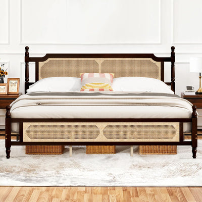Pine Wood Bed Frame with Rattan Headboard, King Size - Modern Farmhouse Platform Bed, Sturdy Wooden Slat Support, No Box Spring Needed, Easy Assembly, Espresso