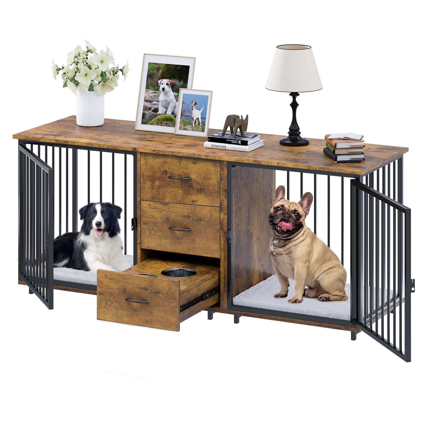 YITAHOME 74" Double Dog Crate Furniture with 2 Feeder Bowls, Wooden Dog Kennel TV Stand with Room Divider for 2 Large Medium Small Dogs, Rustic Brown