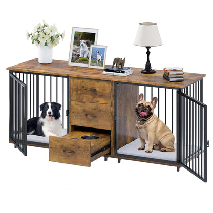 YITAHOME 74" Double Dog Crate Furniture with 2 Feeder Bowls, Wooden Dog Kennel TV Stand with Room Divider for 2 Large Medium Small Dogs, Rustic Brown