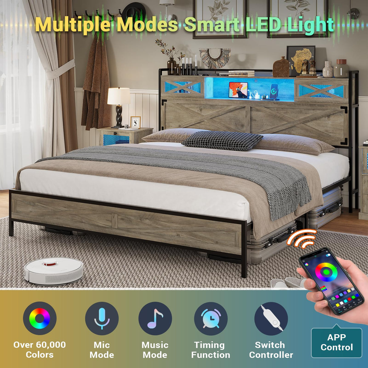 Hasuit Rustic Oak Queen Bed Frame with LED Lights, Charging Station & Storage Headboard Hasuit