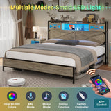 Hasuit Rustic Oak Queen Bed Frame with LED Lights, Charging Station & Storage Headboard Hasuit