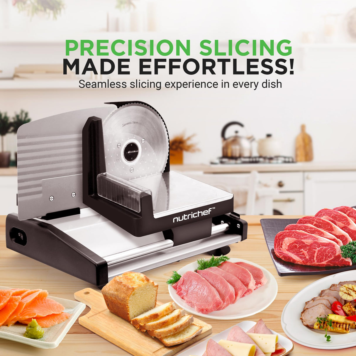 Nutrichef Electric Meat Slicer | 200W Automatic Meat, Deli & Bread Slicer | Adjustable Dial for 0-15mm Cutting Range Thickness | Removable 7.5 IN Stainless Steel Blade & Food Pusher for Safety (Black) NutriChef