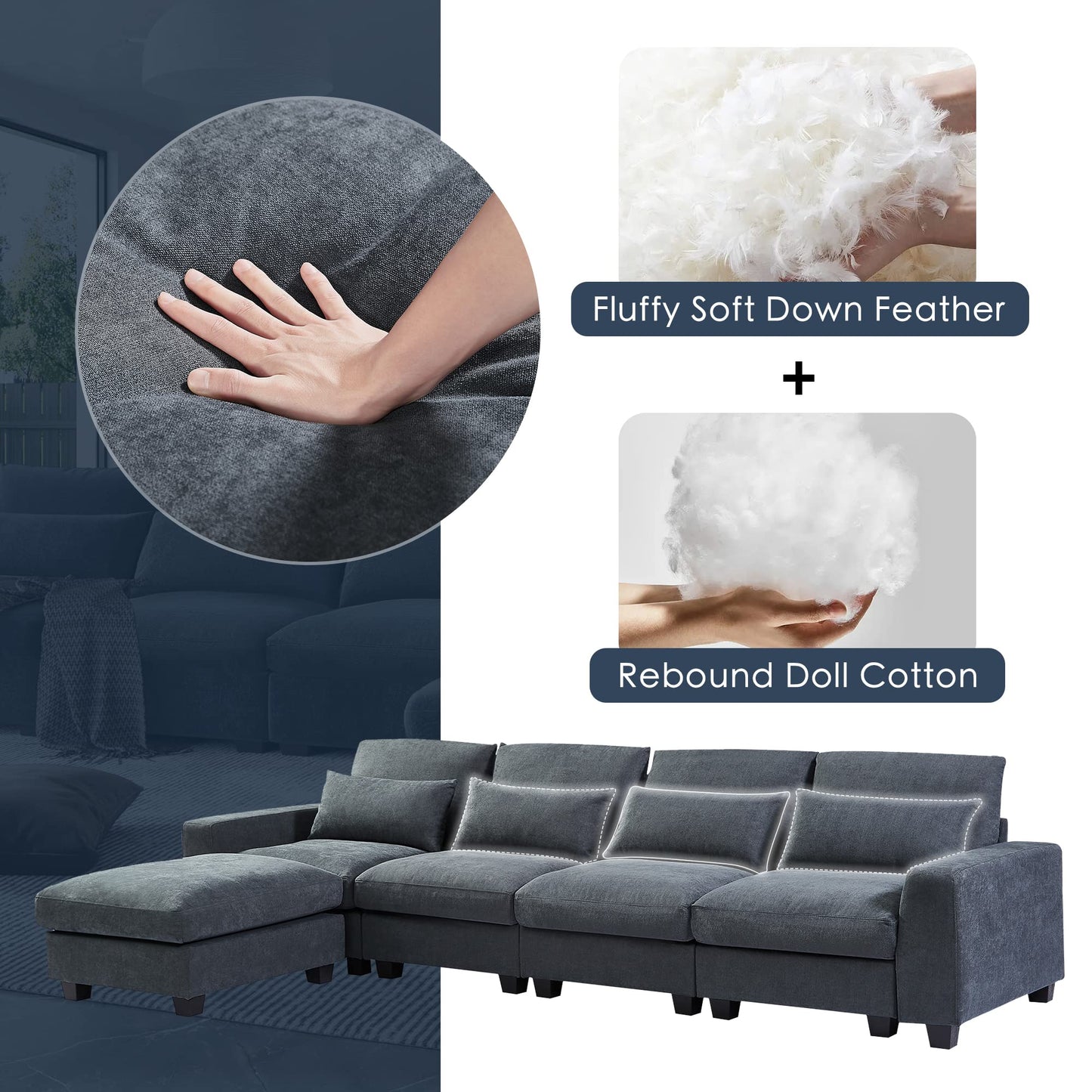 Eafurn Feather Filled Oversized Convertible Modular Sectional Sofa with Movable Ottoman, L Shaped Deep Seat Reversible Sleeper Corner Couch with Waist Pillows for Living Room Furniture Sets