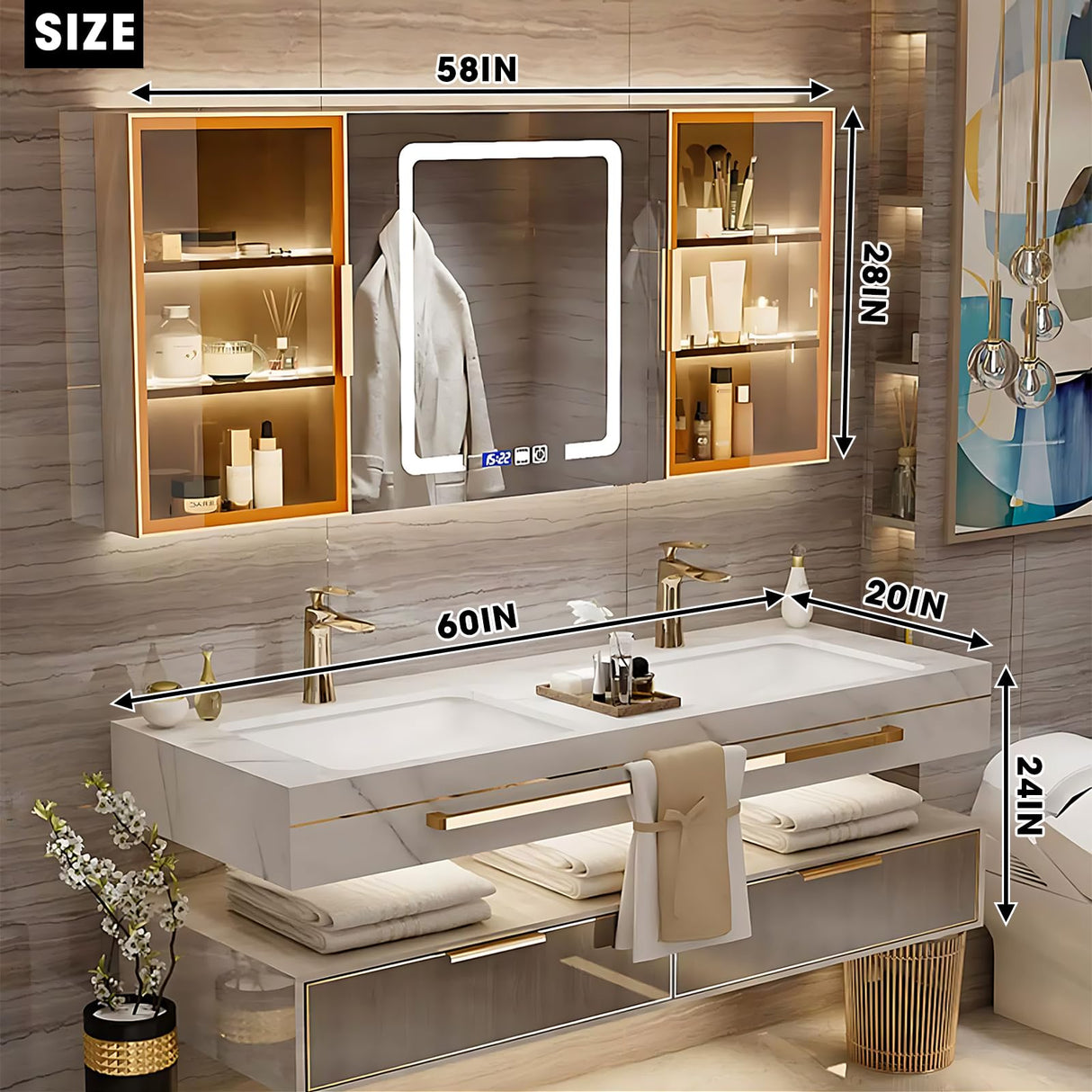 High QLO Bathroom Vanity - Double Floating Vanity Cabinet Sink and Glass Multilayer Solid Wood Modern & Bathroom Led Mirror (60IN) High QLO