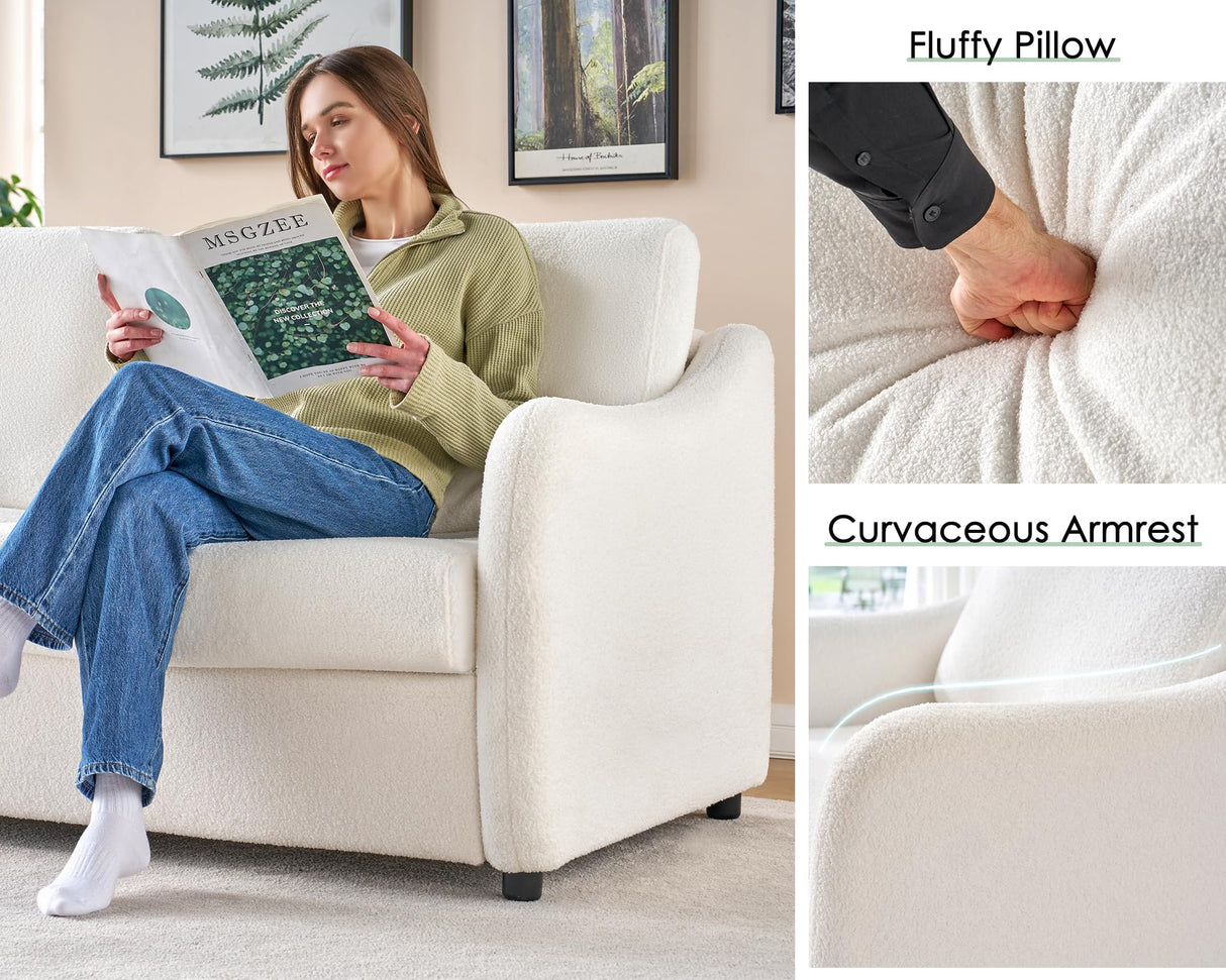 VanAcc Modern Sofa, 3 Seater Sofa with Curved Armrest, Extra Deep Sofa with Bridgewater Style, Comfy Sofa Couch for Living Room, Boucle White Couch VanAcc