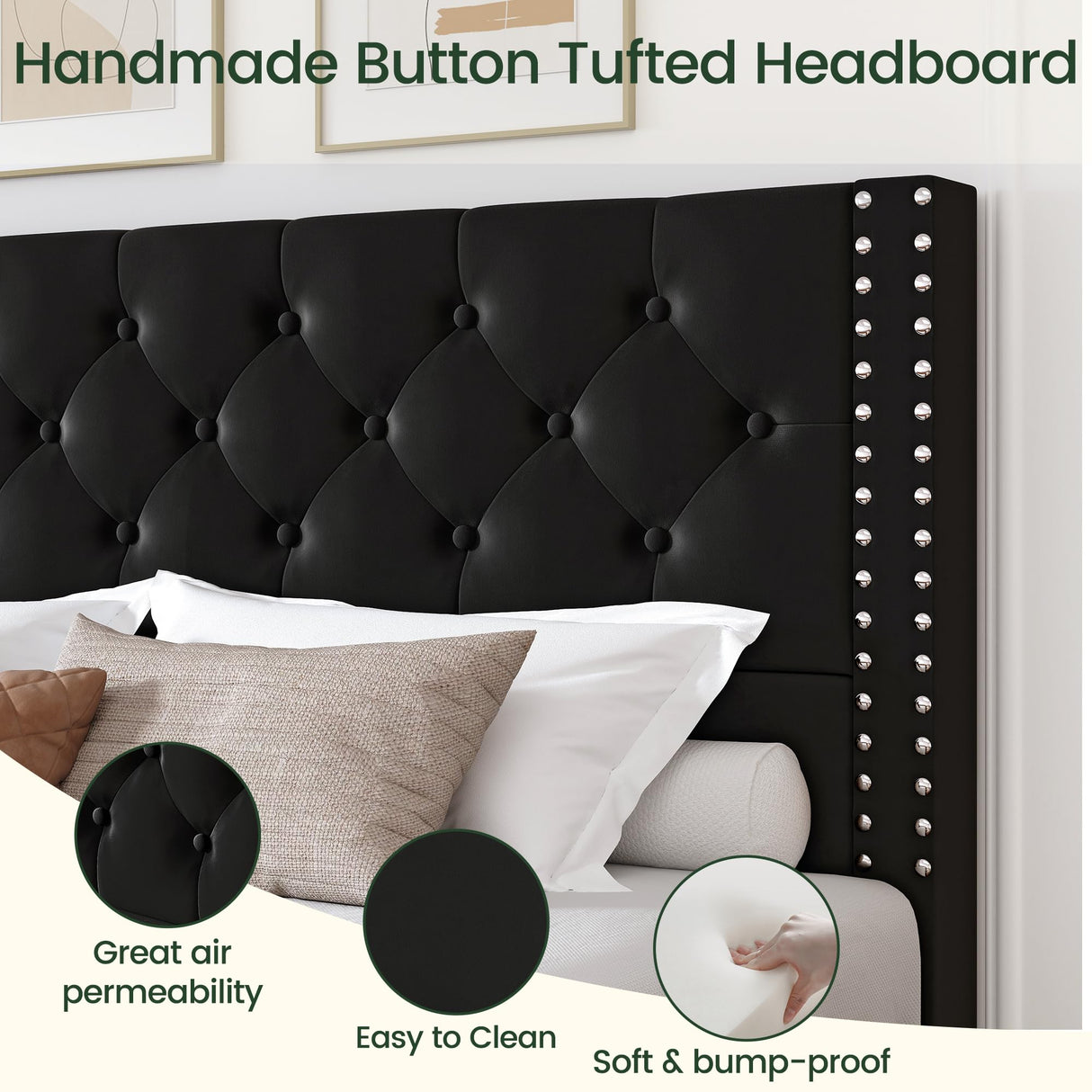 LARMACE Queen Size Upholstered Bed Frame with Storage Velvet Platform Tufted Bed Frame with 4 Drawers and Headboard, Wood Slats Support, Easy Assembly, Noise-Free, Black LARMACE