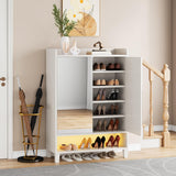 Condemo Shoe Cabinet with Mirrored Door, 7-Tier Shoe Storage Cabinet for Entryway, Freestanding Shoe Rack Cabinet with LED Light and Adjustable Shelf, Modern Shoe Cabinet Organizer for Hallway, White Condemo