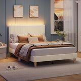 Bestier Full Bed Frame with Adjustable Headboard, LED Lighting, Vertical Channel Tufted Corduroy Upholstered, Solid Wooden Slats Support, No Box Spring Needed, Never Squeaks, Easy Assembly, Beige Bestier