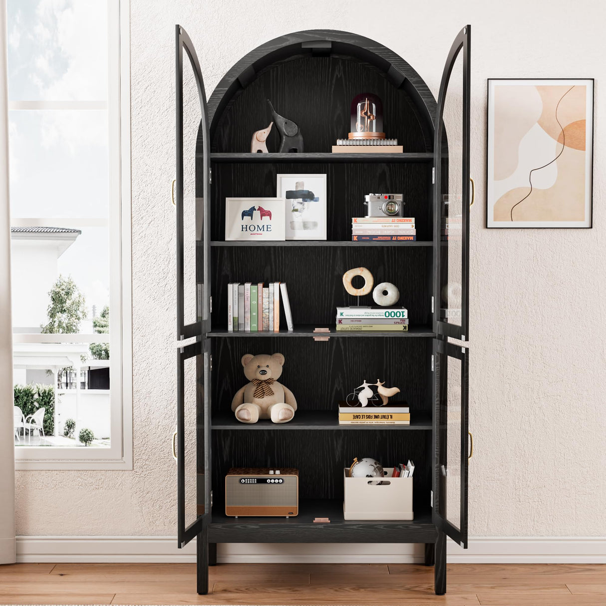 70.9'' Tall Arched Display Cabinet with Acrylic Glass Doors, Modern 5-Tier Arched Bookcase, Kitchen Pantry Storage Cabinet Curio Cabinets for Living Dining Room (Black, 31.5‘’W) Lxsxlome