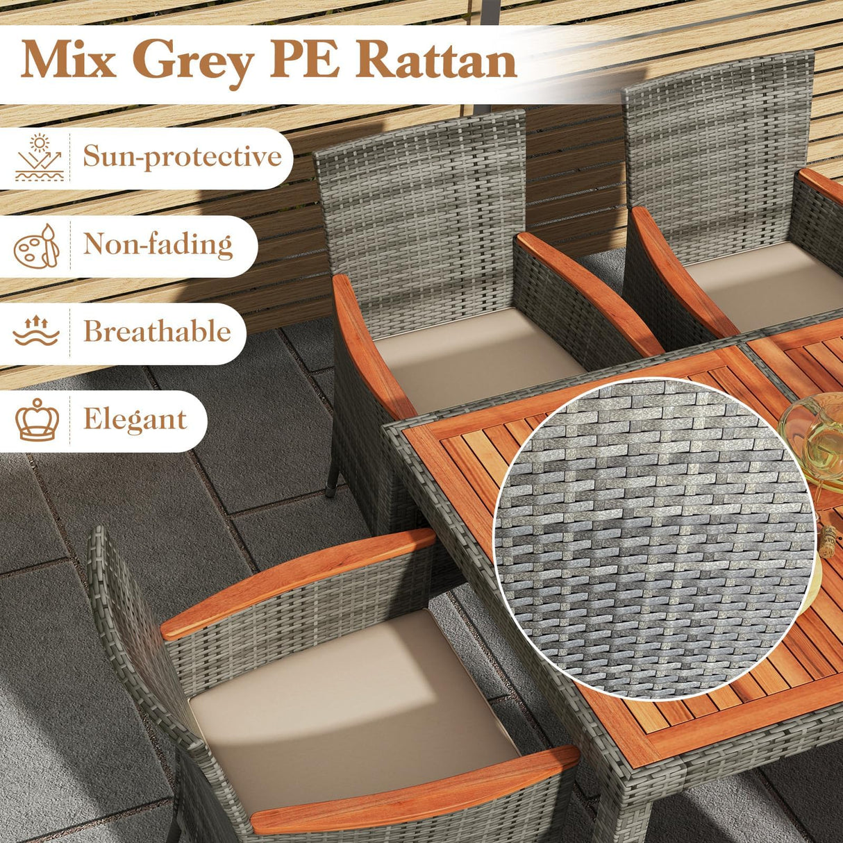 HAPPYGRILL 7 Piece Patio Rattan Dining Set Outdoor Wicker Chair & Table Set, Acacia Wood Tabletop & Armrests, Seat Cushions Included, Space-Saving Dining Set for Poolside Backyard Garden HAPPYGRILL