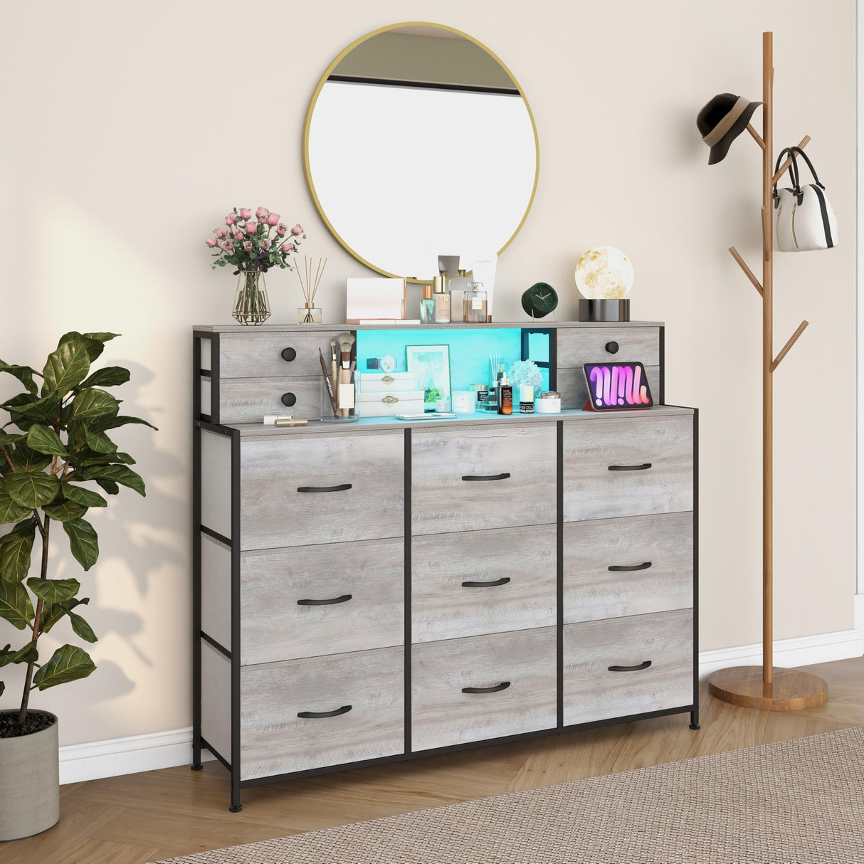 Welfuturer Grey Dresser with Power Outlets and LED Lights 13 Drawers Long Dresser for Bedroom Faux Leather Fabric Chest of Drawers for Living Room Hallway Entryway Closets Sturdy Frame Wood Top Welfuturer
