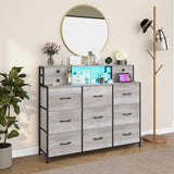 Welfuturer Grey Dresser with Power Outlets and LED Lights 13 Drawers Long Dresser for Bedroom Faux Leather Fabric Chest of Drawers for Living Room Hallway Entryway Closets Sturdy Frame Wood Top Welfuturer
