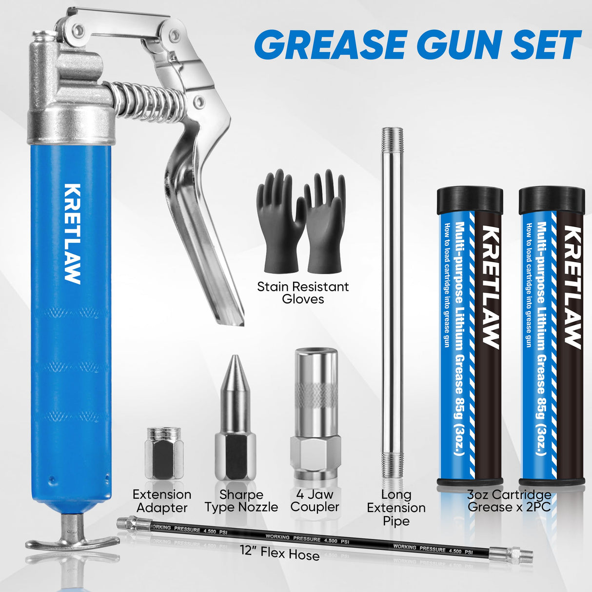 KRETLAW Mini Grease Gun (3000PSI) with Double 3oz Cartridge Grease and 12'' Flex Hose, Reinforced Coupler for Automotive,Marine KRETLAW