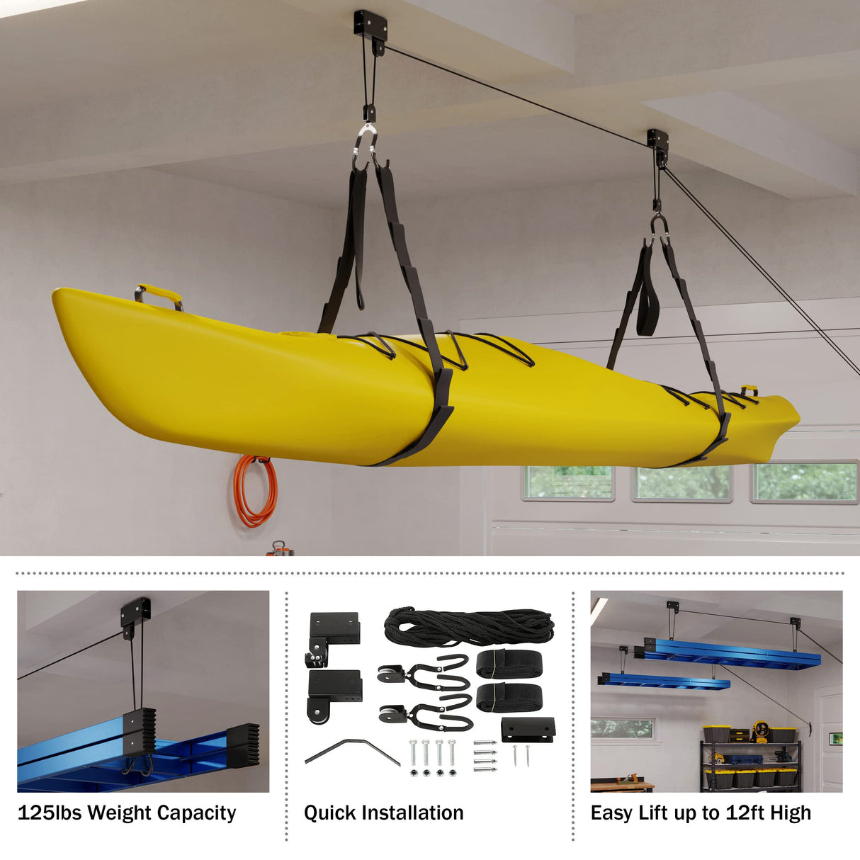 Kayak Storage Hoist - Overhead Pulley System with 125lb Capacity for Canoes, Bikes, Ladders, and More - for up to 12-Foot Ceilings by Rad Sportz RAD Sportz