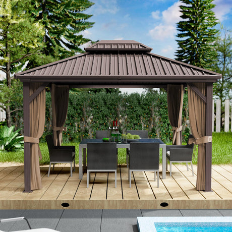 Kozyard 10'x12' Hardtop Gazebo - Permanent Metal Pavilion with Netting and Shaded Curtains for Patio, Backyard, and Deck - Galvanized Steel Outdoor Aluminum Canopy, Double Roof Gazebo (Brown) Kozyard