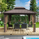 Kozyard 10'x12' Hardtop Gazebo - Permanent Metal Pavilion with Netting Shaded Curtains for Patio, Backyard, and Deck - Galvanized Steel Outdoor Aluminum Canopy, Double Roof Gazebo (Dark Brown) Kozyard