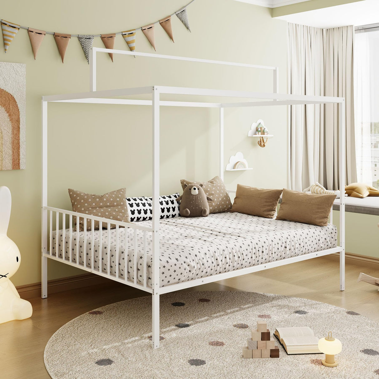 Klwenas Maec White Montessori Floor Bed Frame Full Size, 3-in-1 Convertible Metal Canopy Bed Frame with Fence & Sturdy Metal Slats Support for Boys Girls Bedroom,Easy Assembly (White, Full) Klwenas Maec