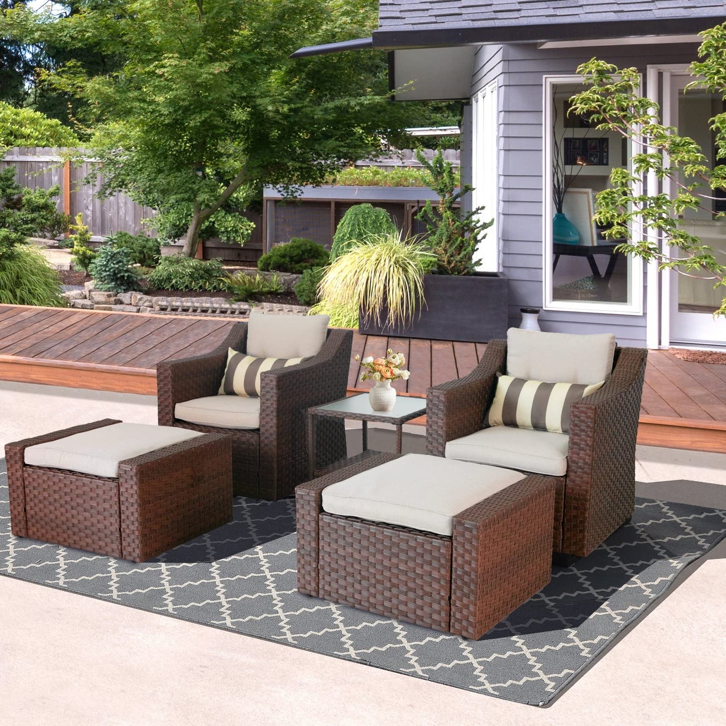 Crownland 5 Pieces Wicker Patio Conversation Set All Weather Outdoor Wicker Lounge Chair and Ottoman Conversation Set with Coffee Table & Cushions (Brown)