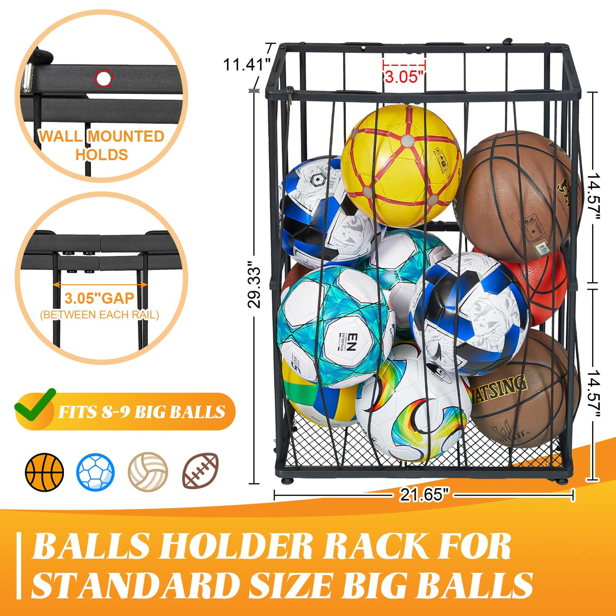 Garage Ball Storage Wall-Mounted & Floor Sports Equipment Organizer: Sports Ball Rack with Elastic Rope, Holder for Basketball, Soccer, Volleyball, Football, Garage, Gym, Black(Patent Pending) Hencawima