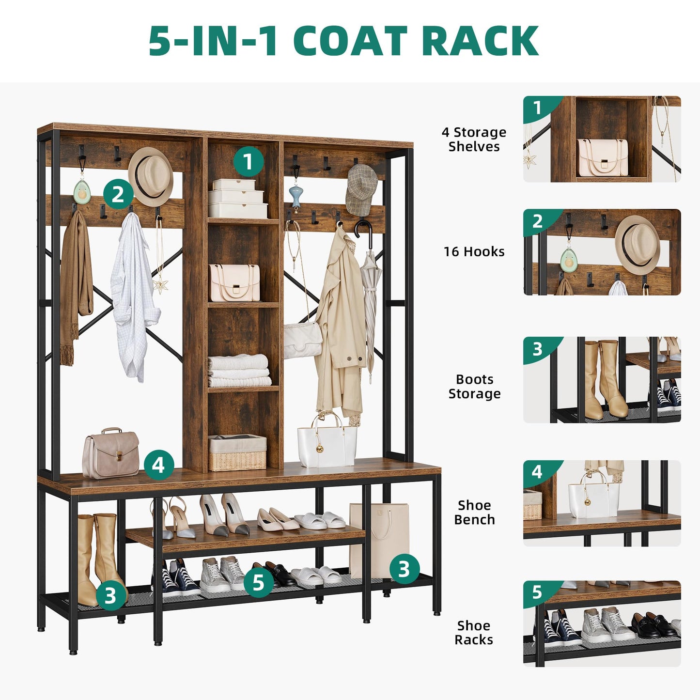 YITAHOME Farmhouse Entryway Bench with Coat Rack 59", 5-in-1 Hall Tree with Bench and Shoe Storage for Entrance, Living Room, Bedroom, Rustic Brown - WoodArtSupply