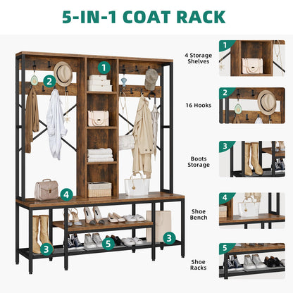 YITAHOME Farmhouse Entryway Bench with Coat Rack 59", 5-in-1 Hall Tree with Bench and Shoe Storage for Entrance, Living Room, Bedroom, Rustic Brown - WoodArtSupply