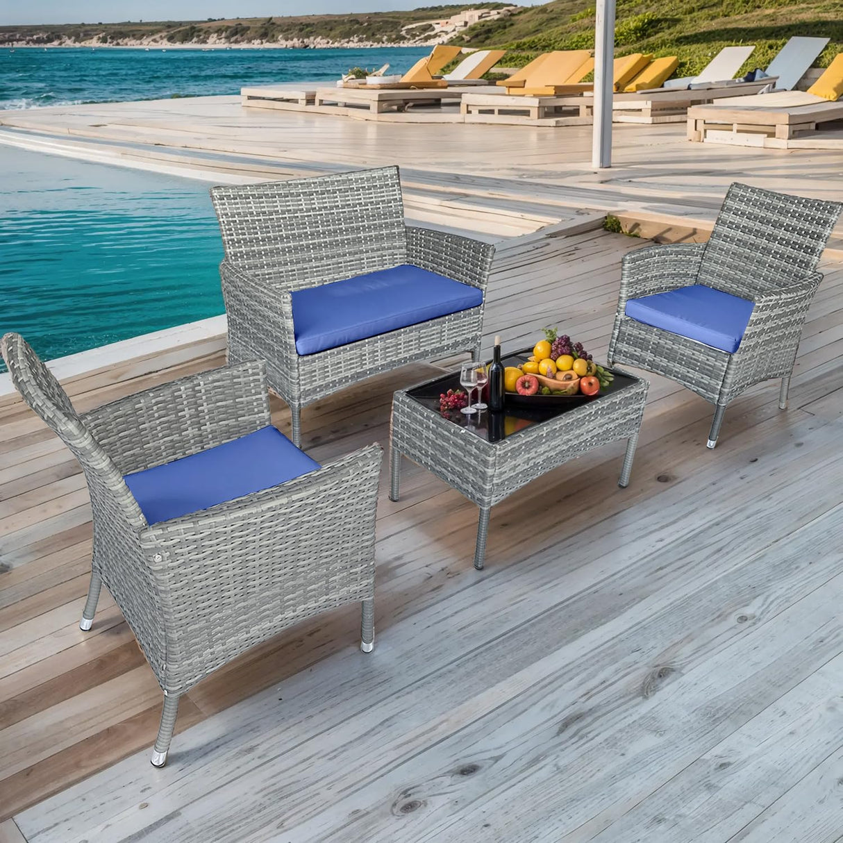 Patio Furniture Set 4 Pieces,Rattan Wicker Double Sofa, Coffee Table,Conversation Outdoor Sets, with Coffee Table and Soft Cushions, Garden Balcony Backyard Lounge Chairs (Gray+Blue Cusion) Generic