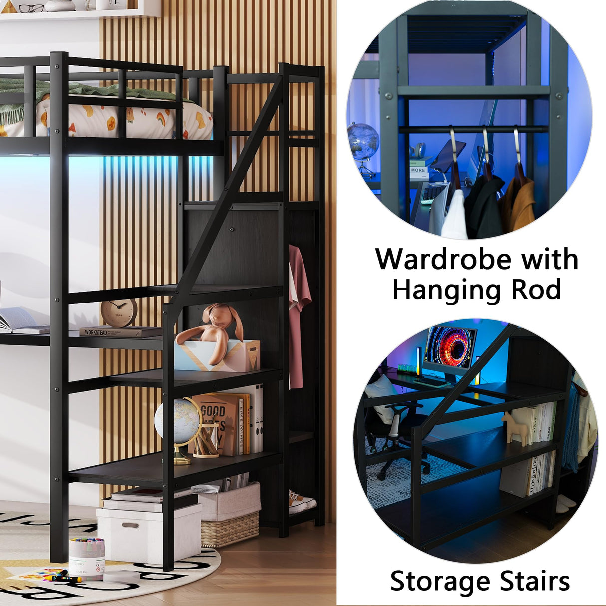 Full Size Loft Bed with Desk and Storage Shelf, Full Size Loft Bed with Stairs and Wardrobe, Full Loft Bed with Charging Station and RGB LED Light, Metal Loft Bed for Adults, Teens, Kids(Black Full) Bellemave