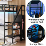 Full Size Loft Bed with Desk and Storage Shelf, Full Size Loft Bed with Stairs and Wardrobe, Full Loft Bed with Charging Station and RGB LED Light, Metal Loft Bed for Adults, Teens, Kids(Black Full) Bellemave