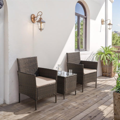 Flamaker Patio Furniture Set 3 Pieces All-Weather Rattan Outdoor Furniture Patio Chairs with Tempered Glass Table for Porch Bistro Balcony (Brown/Cream) Flamaker