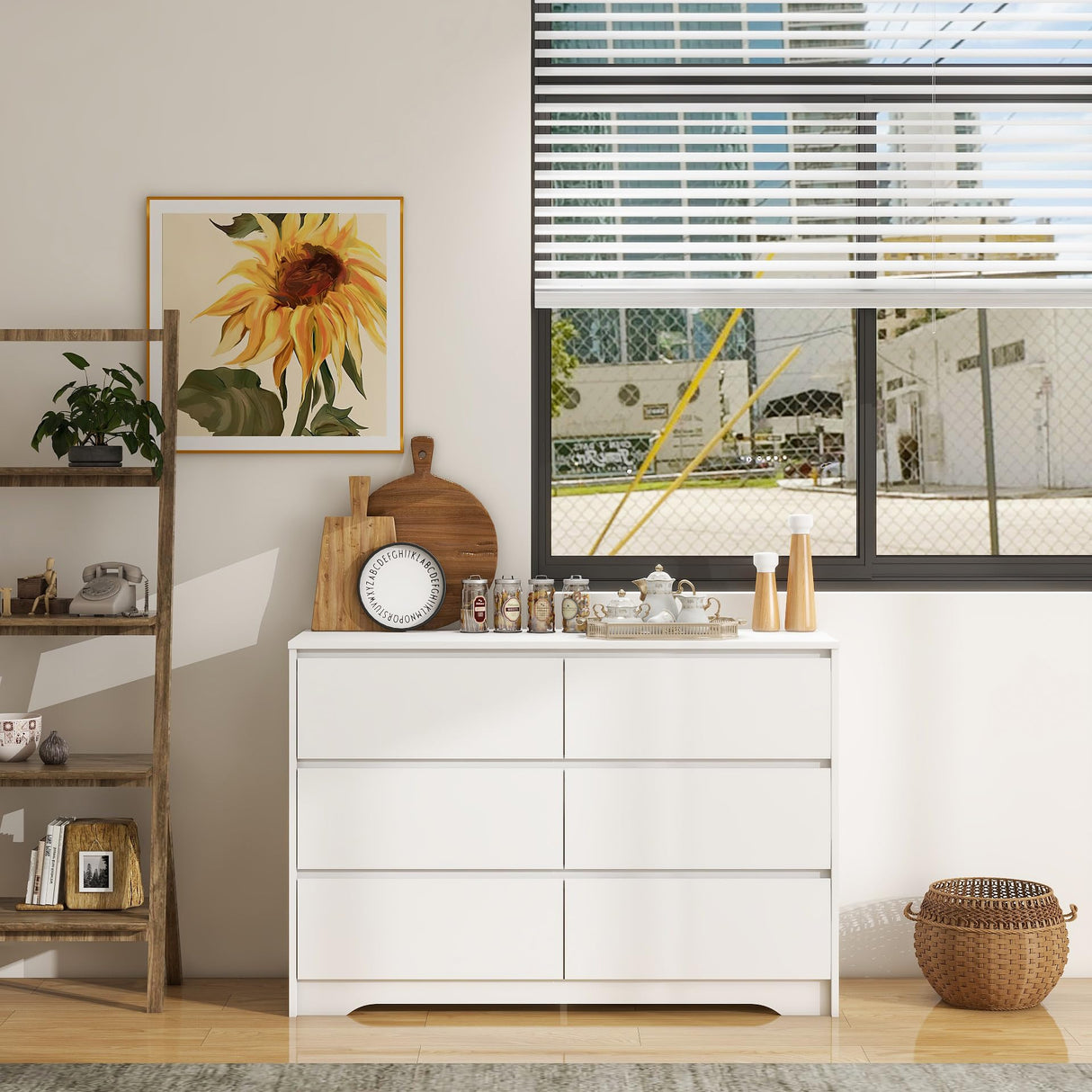 Panana Modern 6 Drawer Double Dresser, Wood Wide 6 Chest of Drawers with Deep Drawers Floor Storage Lateral Drawer Cabinet Organizer for Living Room Bedroom Home Office (White) Panana