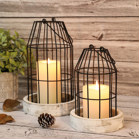 Rustic Wire Metal Cloche Set of 2 Candle Lantern Decorative Indoor Outdoor Vintage Cage Candle Holders Modern Farmhouse Decor for Fireplace Mantle Entryway Living Room Kitchen Dining Table Centerpiece SHOHAYTO