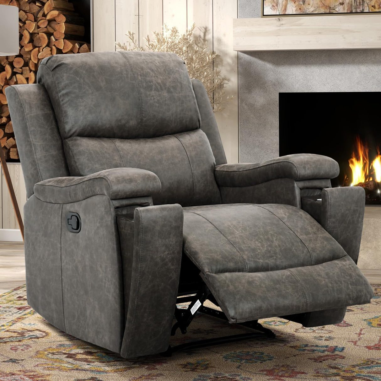 CANMOV Leather Recliner Chair, Classic and Traditional Manual Recliner Chair with Overstuffed Arms and Back, Manual Single Sofa with Concealed Cup Holders,Grey CANMOV