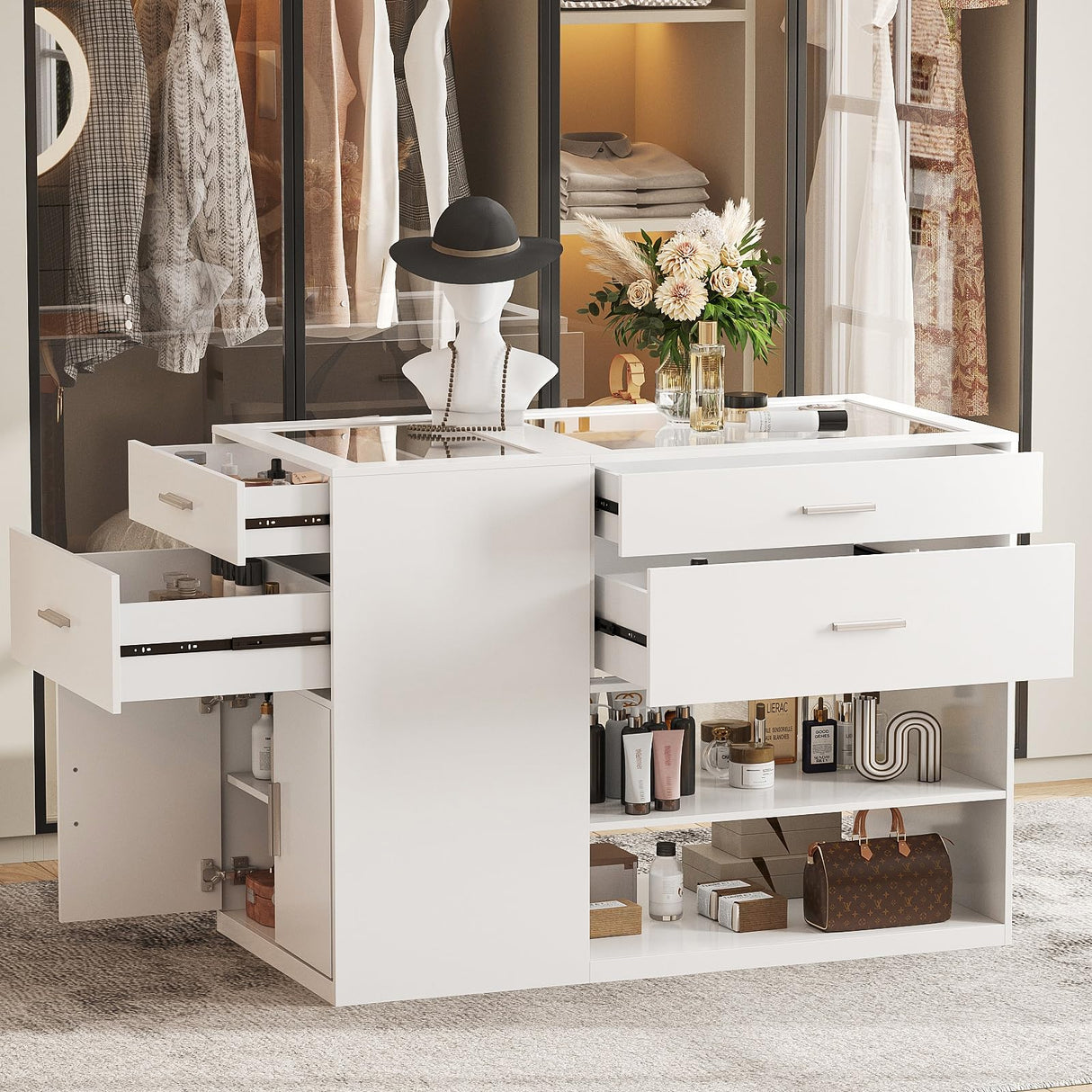 Maupvit Armoire Bedroom Closet Island with Glass Top, White Wardrobe Closet Island with 6 Drawers, Island Dresser with Display Shelf & Storage Cabinet, Walk in Closet Island for Bedroom Maupvit