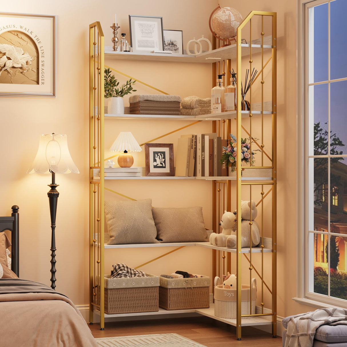 GarveeHome Corner Bookshelf 72" L Shaped Bookcase, Corner Bookshelves Industrial Bookcase 5 Tier L-Shape Bookshelf, Large Bookcases with Beaded Design Tall Display Rack Shelf for Living Room Bedroom GarveeHome