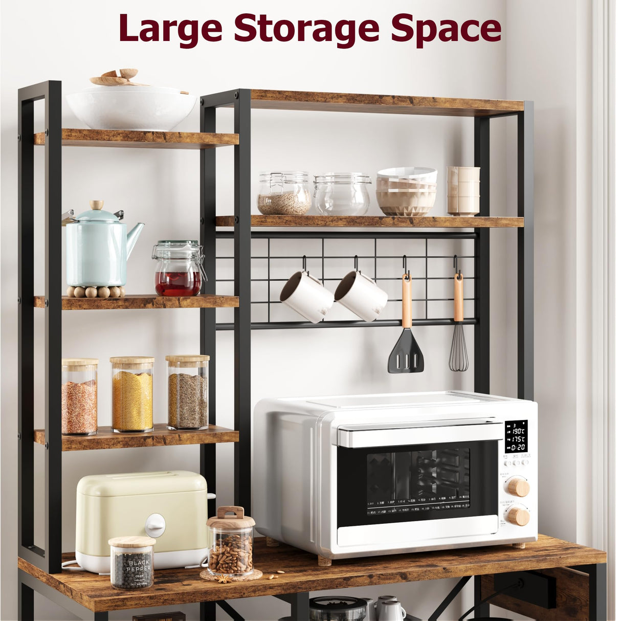 GarveeHome Bakers Rack with Power Outlets, 7-Tier Microwave Stand with 2 Wire Basket, 35.4 Inch Industrial Coffee Bar Station, Kitchen Large Bakers Rack with Storage for Pots, Dishes, Retro Brown GarveeHome