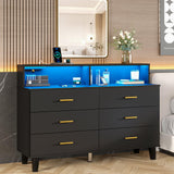 UNIQUITE 6 Drawers Dresser with LED Light and Power Outlet, Wood Dressers for Bedroom & Chests of Drawers, Large Double Dressers for Bedroom, Living Room, Entryway, Hallway (Black) UNIQUITE