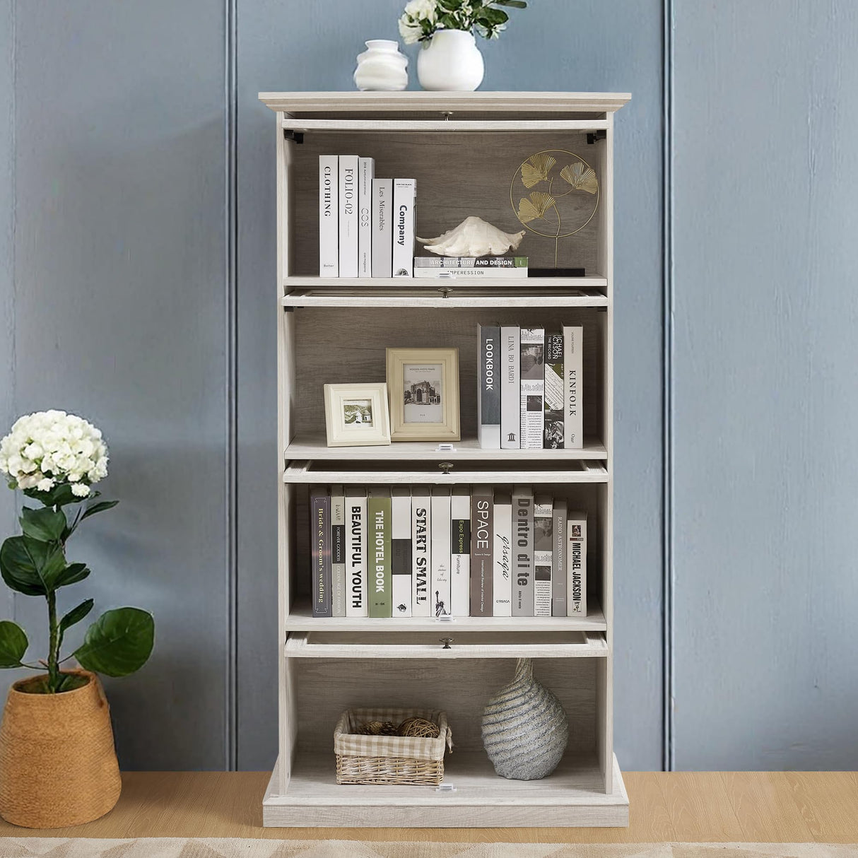 HIUU White Display Curio Cabinet with Glass Doors,White Showcase Display Cabinet,Shelves with Flip-Up Glass Doors,Farmhouse Barrister Bookcase HIUU