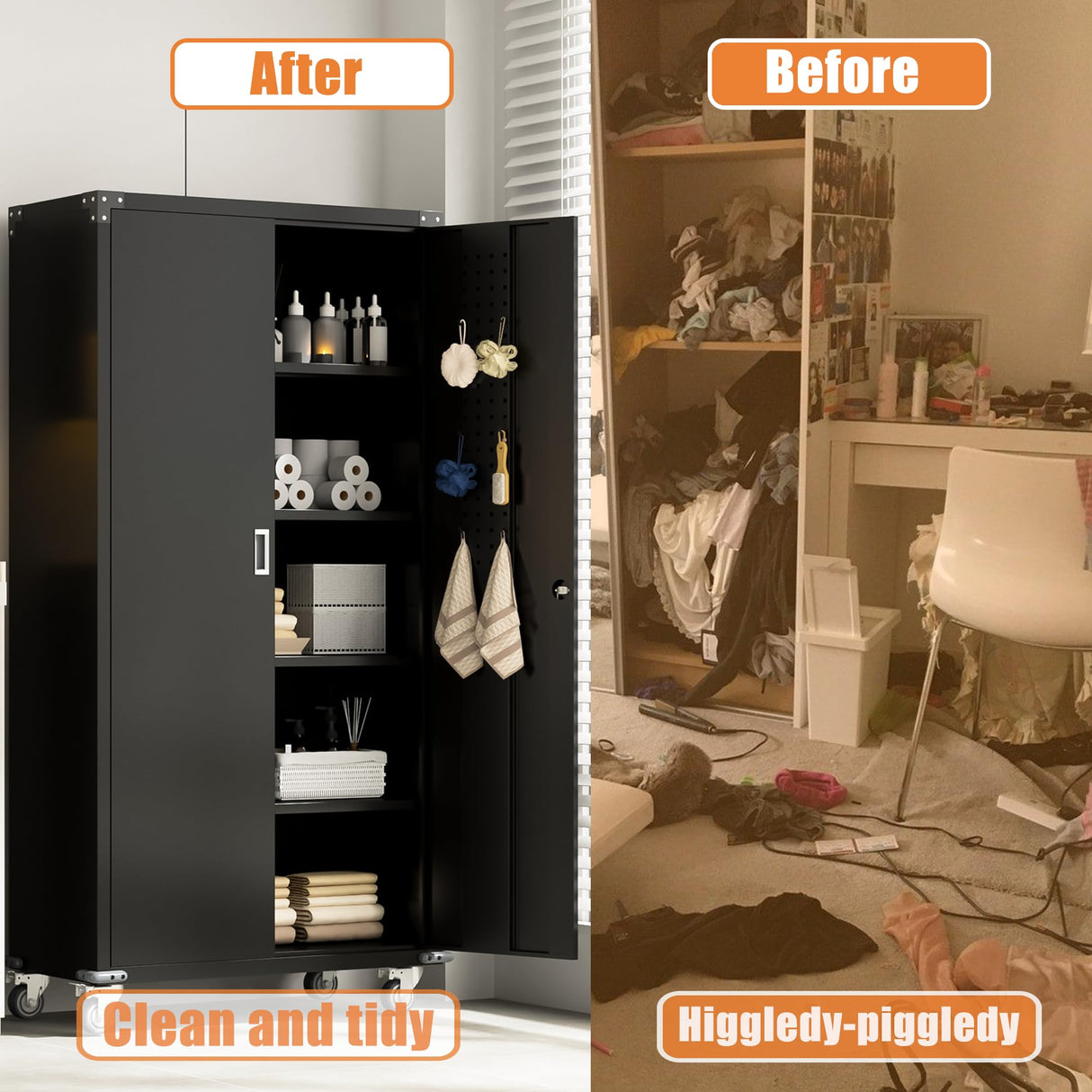 Waqiv 71''H Black Metal Garage Storage Cabinet with Wheels, Lockable Tool Cabinet with Doors and 4 Adjustable Shelves,Tall Metal Cabinets with 2 Pegboards for Garage Storage Systems, Assembly Required Waqiv