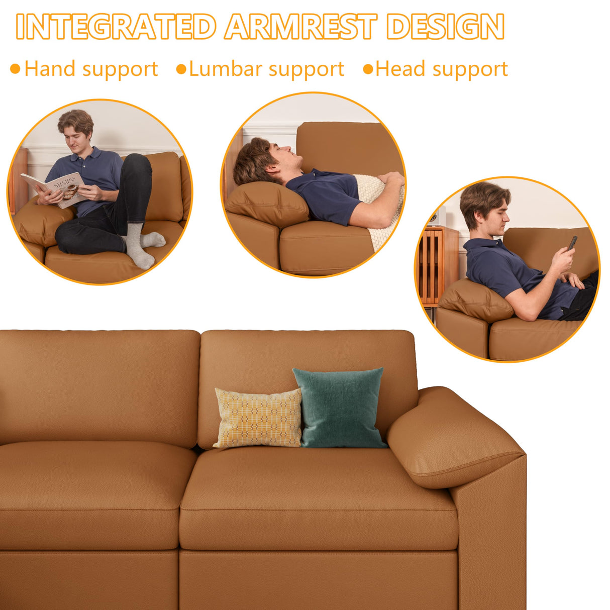 EASE MOOSE Loveseat Sofa for Living Room,Oversized Deep Seat Modular Sectional,Modern Comfy 2 Seater Sofas,Scratch Resistant Faux Leather Couch for Small Spaces, Brown EASE MOOSE