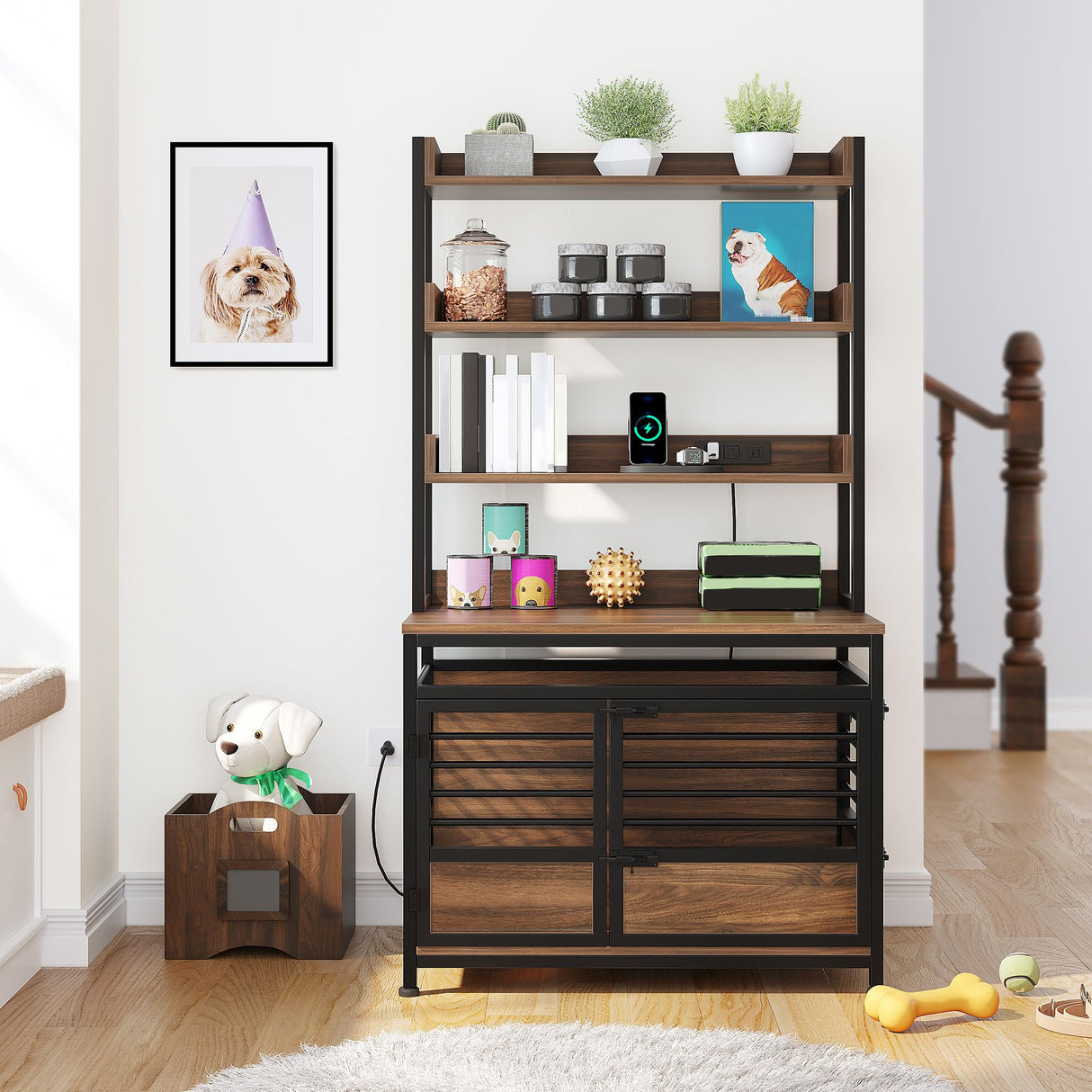 DWVO Dog Crate Furniture with Storage Shelves, Heavy Duty Dog Crate with Charging Station, 39 Inch Dog Kennel Indoor Furniture for Large Dogs, Modern Decorative Dog Crate with Double Doors, Brown DWVO