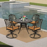 VIVIJASON 5-Piece Outdoor Patio Dining Set, All-Weather Cast Aluminum Conversation Set, Patio Furniture Set for Balcony Lawn Garden, Include 4 Swivel Dining Chairs, a 35.4" Round Table w/Umbrella Hole VIVIJASON