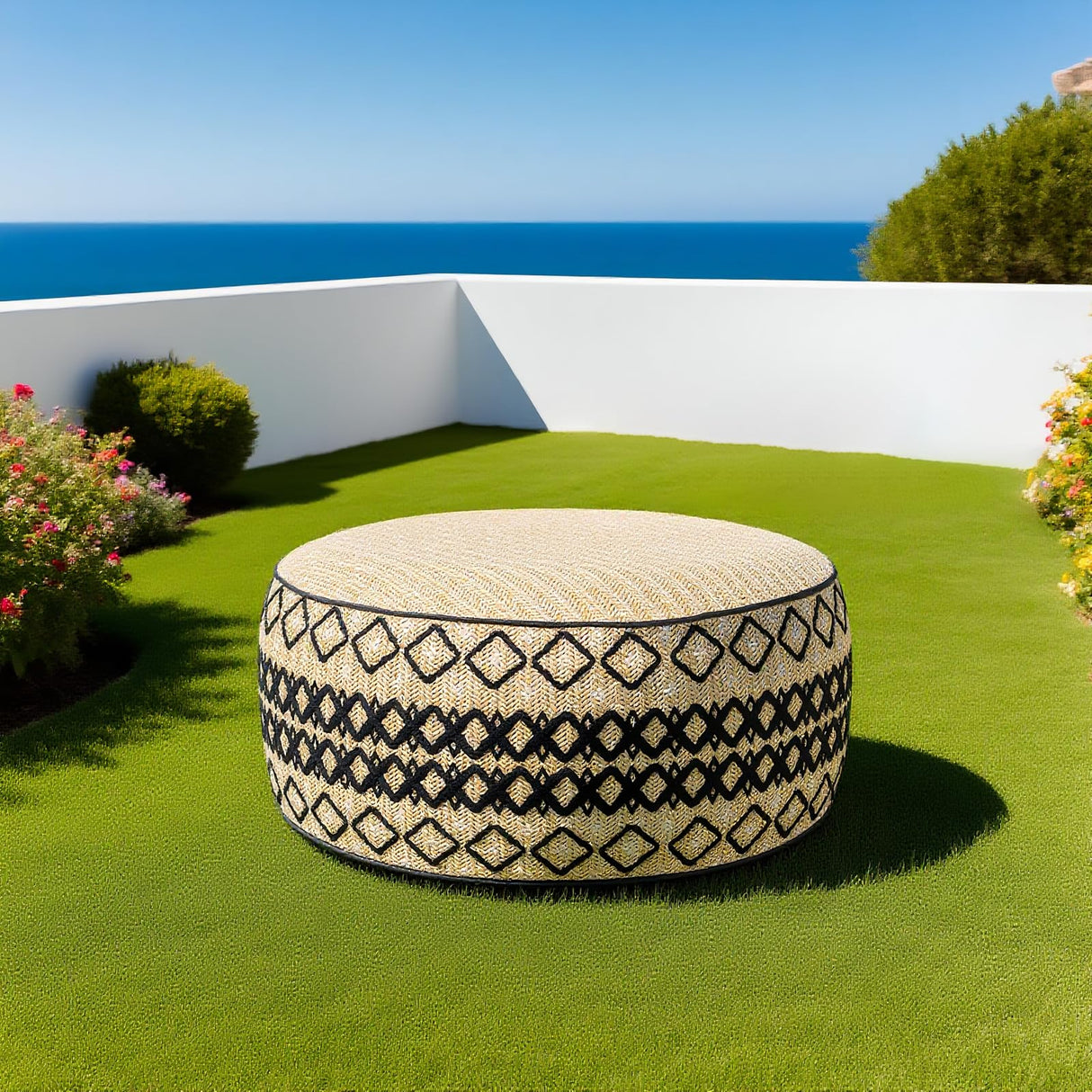 GLADTRAX Outdoor Inflatable Ottoman with Air Pump, Embroidery Patio Footrest Stool D21”x H9”, Round Pouf Ottoman with Portable Handle Suitable for Garden, Camping, Bedroom, Living Room GLADTRAX