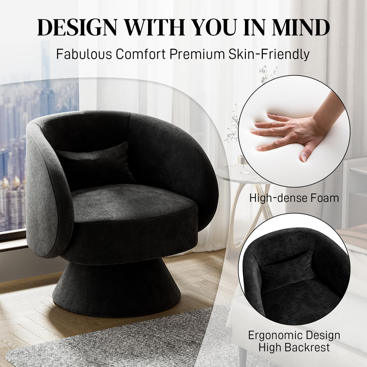 Nolohoo Swivel Barrel Chair Set of 2, Upholstered Swivel Cuddle Accent Chairs for Living Room, Comfy 360 Degree Modern Small Round Armchair for Bedroom, Office (Black, Linen) Nolohoo