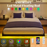 AMERLIFE Queen Size Floating Bed Frame with LED Lights - Heavy Duty Metal Platform, No Box Spring Needed, Noise Free in Black AMERLIFE