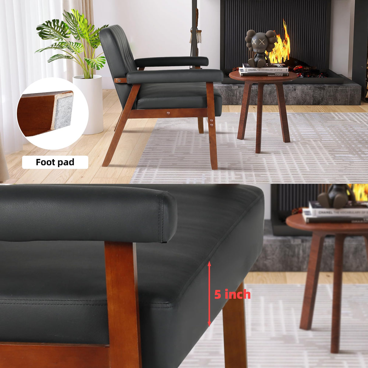 STHOUYN 50”W Black Faux Leather Small Office Couch Loveseat Sofa with Wood Arms, Mid Century Modern Love Seat Sofas Lounge Armchair Living Room Bedroom (Black (loveseat)) STHOUYN