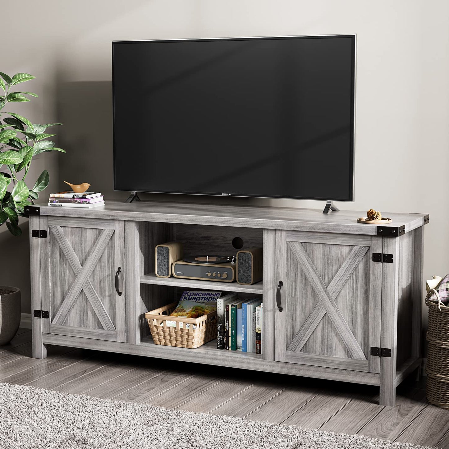 YESHOMY Modern Farmhouse TV Stand with Two Barn Doors and Storage Cabinets for Televisions up to 65+ Inch, Entertainment Center Console Table, Media Furniture for Living Room, 58 Inch, Gray W - WoodArtSupply