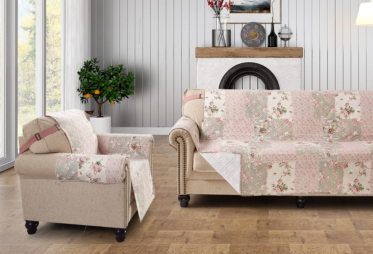 Brilliant Sunshine Traditional Rose and Sage Patchwork Quilted Recliner Slipcover, 26" Seat Width, Slip Resistant Furniture Protector, 2" Strap, Washable Reclining Chair Cover for Dogs, Cats,Rose Sage Brilliant Sunshine