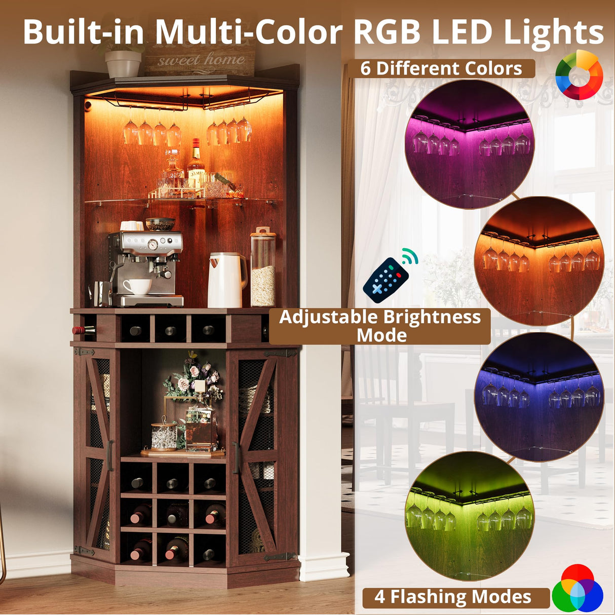 IRONCK Corner Bar Cabinet, 72.4" Tall Wine Cabinet with LED Light & Tempered Glass Rack, Home Bar Liquor Cabinet & Coffee Bar with Barn Door & Adjustable Shelf for Living Room, Dining Room, Red Walnut IRONCK