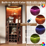 IRONCK Corner Bar Cabinet, 72.4" Tall Wine Cabinet with LED Light & Tempered Glass Rack, Home Bar Liquor Cabinet & Coffee Bar with Barn Door & Adjustable Shelf for Living Room, Dining Room, Red Walnut IRONCK